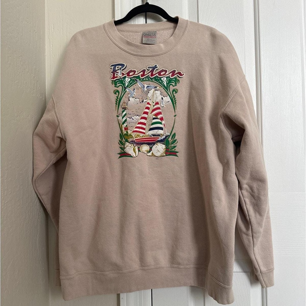VINTAGE 90s Oneita Power Sweats Boston Sailboat Lighthouse Sweatshirt Tan XL